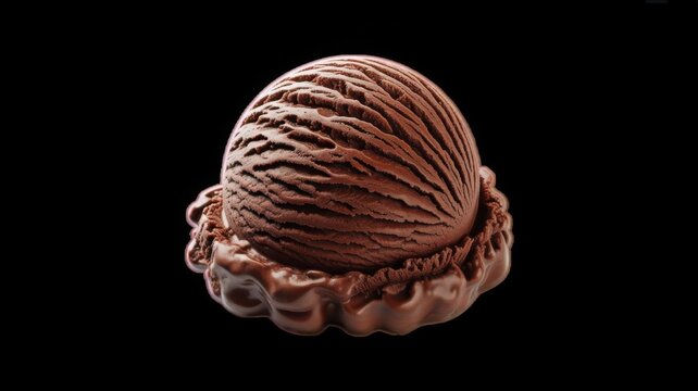 Chocolate ice cream scoop with texture, isolated on a black background, perfect frozen dessert, vanilla bean