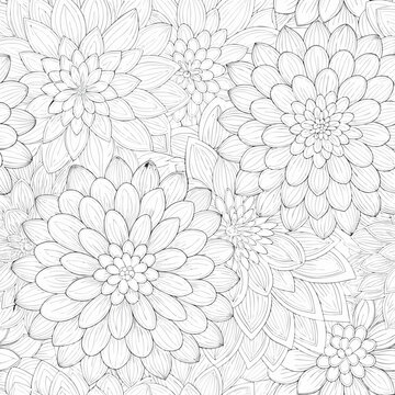 Intricate floral pattern of dahlia like blooms in grayscale