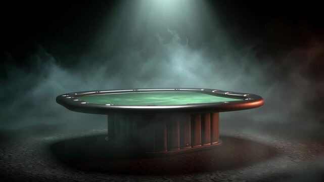 Empty poker table surrounded by smoke and spotlight in dark room  