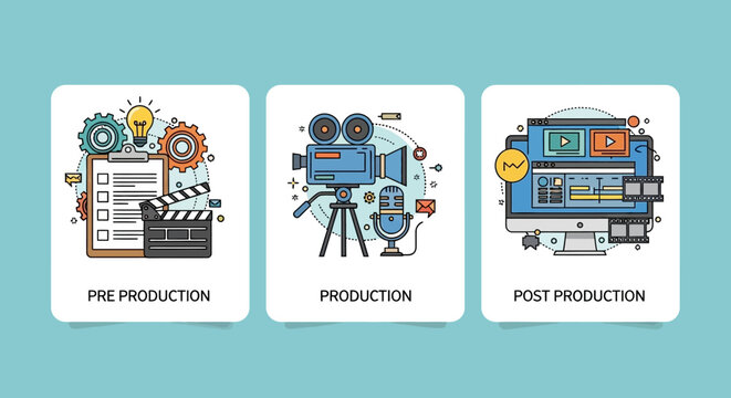 Video Production Process Workflow Infographic with Pre-Production, Production, and Post-Production Stages Flat Line Illustration Icons