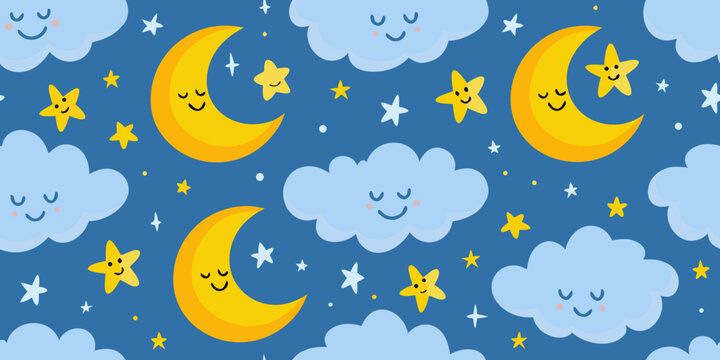 Smiling moons stars and clouds create a cheerful nighttime pattern