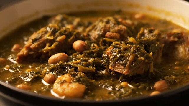 Close-up of a hearty traditional stew with slow-cooked meat, leafy green vegetables, and chickpeas simmering in a rich, savory sauce inside a white cooking pot.