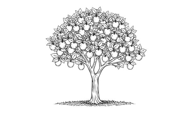 Black and white apple tree outline vector isolated on white