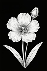 Fototapeta premium Monochrome Botanical Illustration of a Flower with Bud and Leaves on Black Background