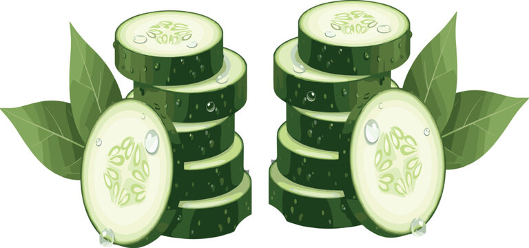 Fresh cucumber slices stack with green leaves and water droplets realistic vegetable ingredient illustration for healthy organic food design