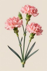 Obraz premium Pink Carnation Flowers with Green Stems and Buds on a Plain Background, Botanical Illustration Style