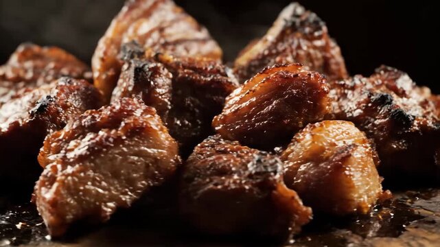Extreme close-up of steaming, caramelized bbq pork ribs or grilled meat chunks with rich glaze and char marks in a dramatic, dark setting.