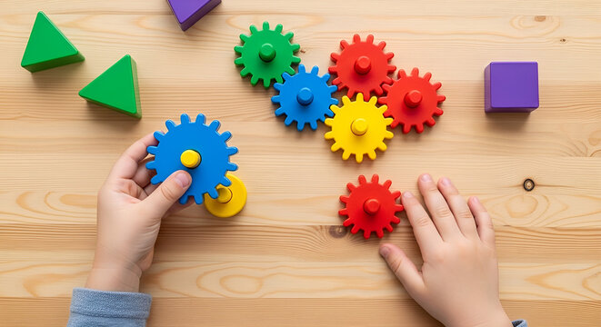Child hands playing with colorful gears and blocks on a wooden table - educational toys for early development