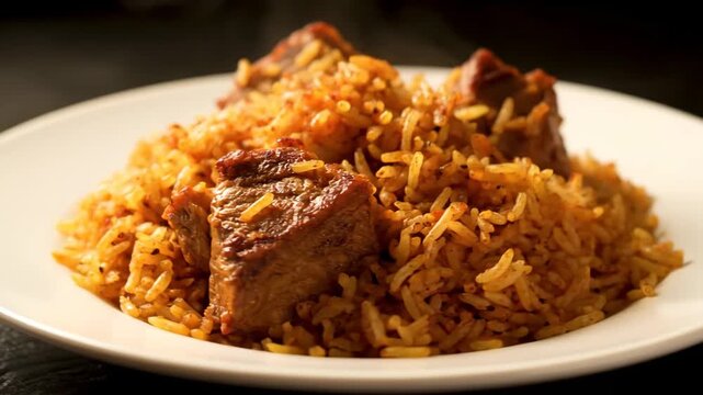 Uzbek plov or pilaf: close-up of traditional fragrant rice dish with tender spiced meat chunks served steaming hot on a white plate against a dark background.