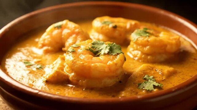 Delicious traditional seafood stew, prawn curry or moqueca, served in a rustic terracotta bowl with creamy coconut sauce and fresh cilantro garnish. close-up food photography.