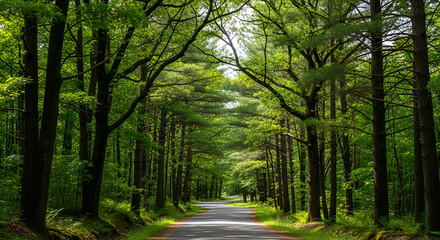 Fototapeta premium Scenic winding road through a lush green forest with sunlit trees and shadows