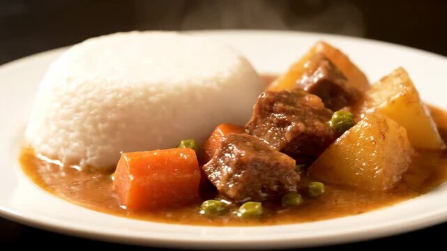 Close-up of fufu, ugali, or pap served with a hearty beef stew, rich gravy, carrots, and peas on a white plate, showcasing traditional african cuisine.