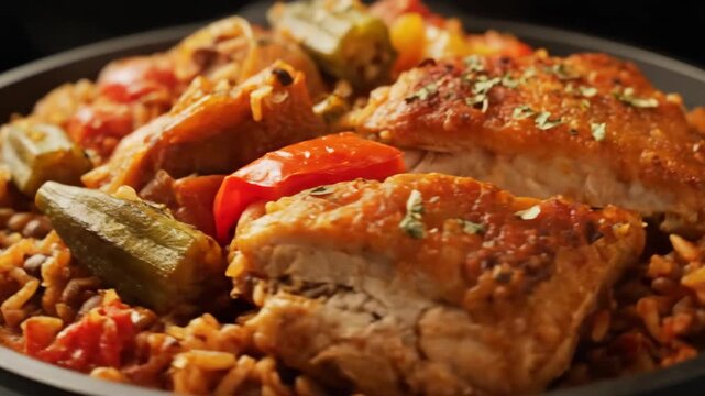 Close up of rich, savory rice dish with stewed meat chunks, okra, tomatoes, and vegetables, a flavorful traditional main course.