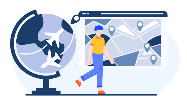 Businessman standing near a globe and a map for flight planning