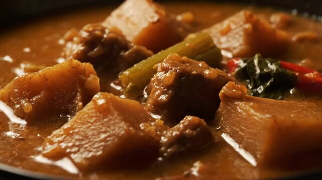 Macro close-up shot of rich beef and potato stew simmering in a savory brown sauce, showcasing hearty chunks of meat and vegetables in a gourmet presentation.