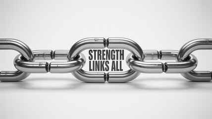 Obraz premium Shiny metal chain with strength links all text on a bright white background