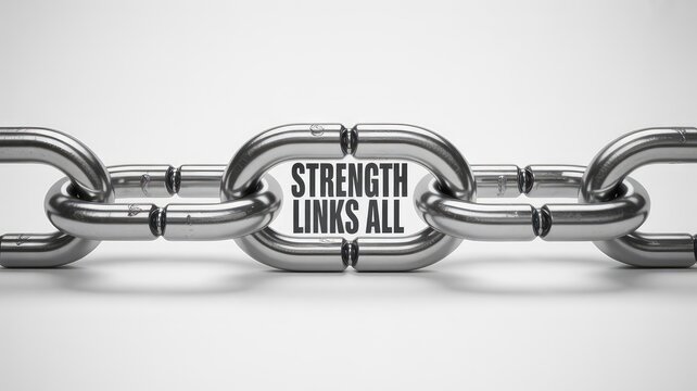 Shiny metal chain with strength links all text on a bright white background