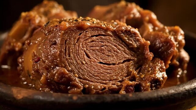Extreme close-up of slow cooked braised meat with rich sauce served in a rustic bowl. tender and hearty gourmet dinner main course detail.