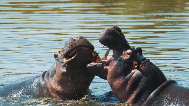 Hippopotamus rival contend in swamps ponds. Male hippos open mouth wide jump out of water and fight in Mara river with brown muddy water. Wild animals in natural habitat. African nature reservation