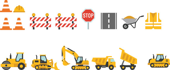 Large set of construction icons including yellow excavator dump truck road roller bulldozer traffic cones safety vest and barriers isolated on white background for industrial design © Elias