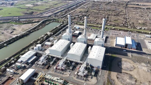 Establishing aerial shot Grain CHP Power Station Kent UK