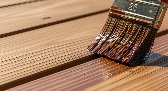 Paintbrush applying wood stain to wooden deck planks for home improvement