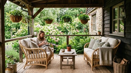 Fototapeta premium Woman relaxing on a covered porch surrounded by lush garden greenery and flowers