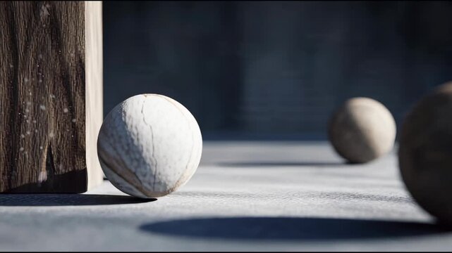 Three spheres resting on a surface with soft lighting and a textured element to the left