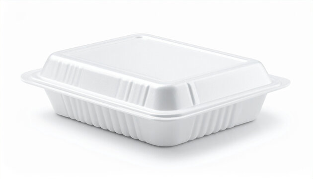 A clean white closed polystyrene foam takeaway box for food delivery or takeout isolated on a white background with a soft shadow