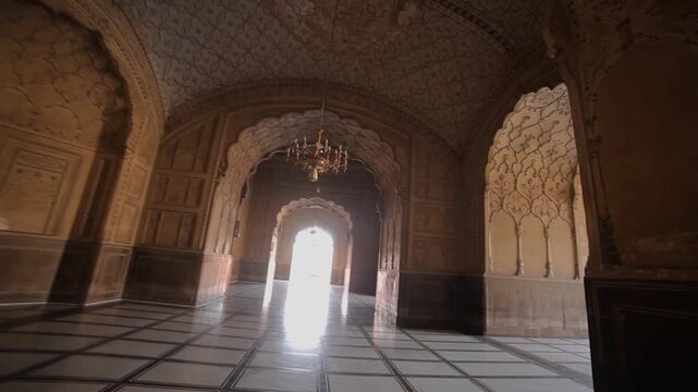 Footage of a historic Mughal-style architectural interior featuring ornate scalloped arches, floral and geometric patterns, and a central chandelier. Bright light streams through arched doorways.