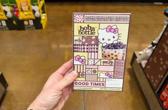 Hello Kitty Boba Bottle Milk Tea Carton Held In Hand In Grocery Store Beverage Aisle