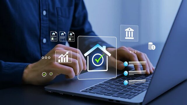 Digital Property Management and Real Estate Asset Evaluation concept. businessman using tablet to manage digital real estate assets, analyze housing data, property investment decision making and asset