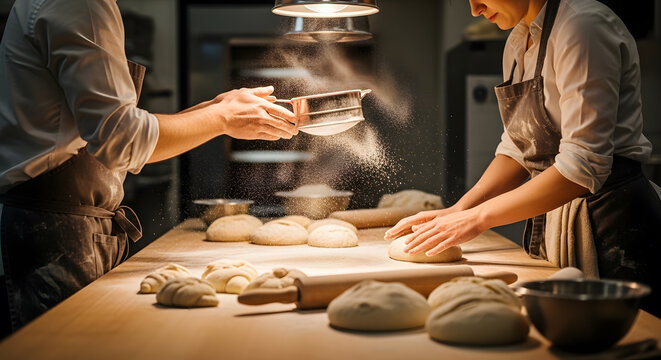 Team of pastry chefs preparing fresh bread dough on wooden table with scattered flour particles