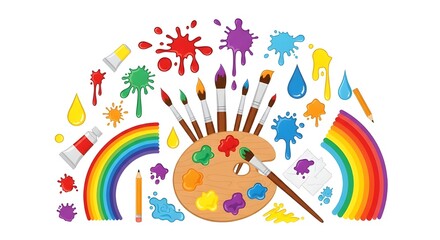Fototapeta premium A comprehensive collection of art supplies featuring a wooden palette, various paintbrushes, rainbow arcs, paint tubes, and colorful splatters on a clean white background.