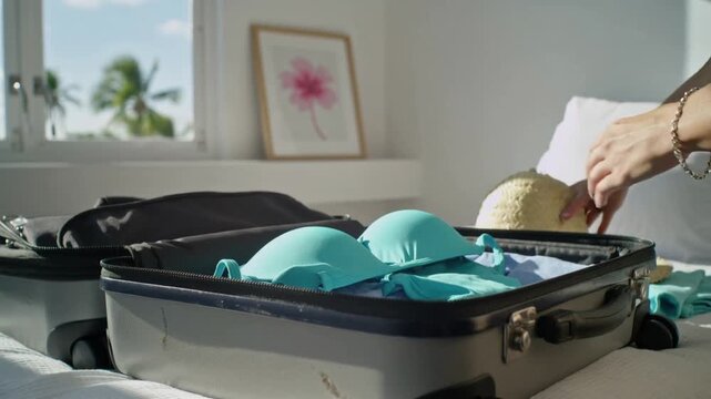 Woman packing summer travel essentials into an open suitcase in a bright room.