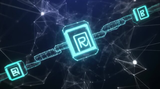 Glowing blue blockchain network with interconnected nodes and a prominent central node on a dark background with a futuristic and technological mood.