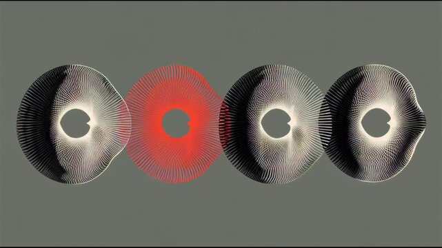 Abstract digital art depicting a sequence of pulsating toroidal forms with a central red glowing effect suggesting energy or transformation