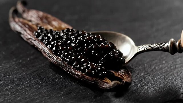 A vanilla bean sliced open with dark seeds and an antique spoon
