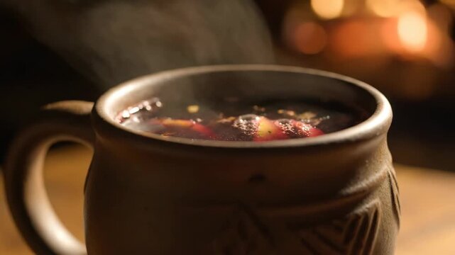 Close-up of hot steaming mulled wine or gl��hwein in a rustic clay mug during a cozy winter evening, illuminated by warm fireplace bokeh lig