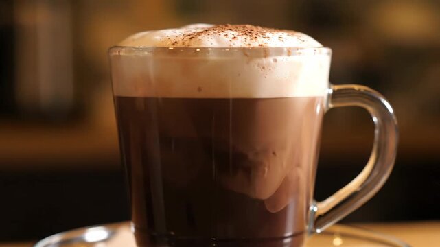 Close-up shot of hot chocolate or cafe mocha in a glass mug, featuring rich brown liquid and thick, creamy milk foam dusted with cocoa powder in a warm, cozy setting.