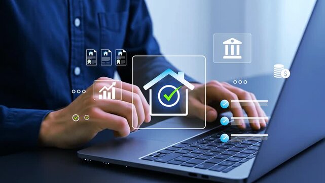 Digital Property Management and Real Estate Asset Evaluation concept. businessman using tablet to manage digital real estate assets, analyze housing data, property investment decision making and asset