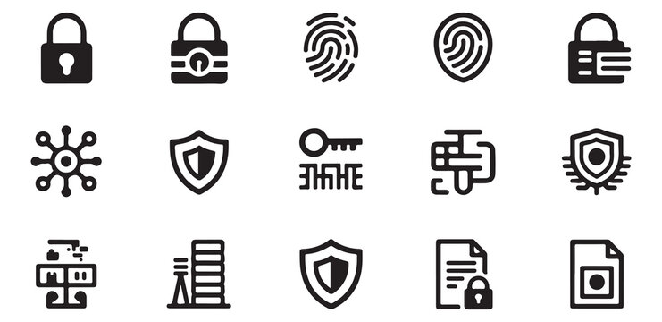 Data protection cyber security icons. encryption, fingerprint, private key, blockchain, secure server