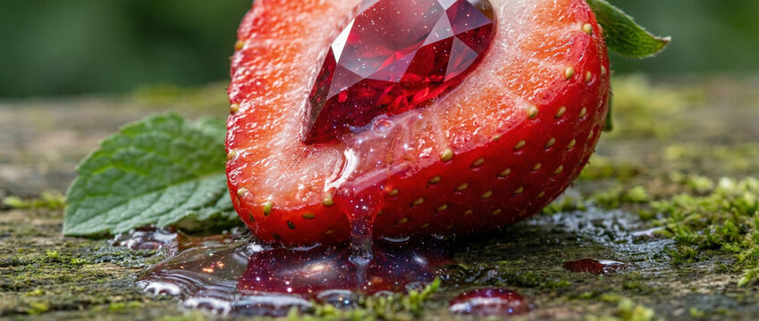 Macro photography of a fresh sliced strawberry on a mossy wooden surface, revealing a faceted glowing red ruby gem inside instead of fruit. AI Generated