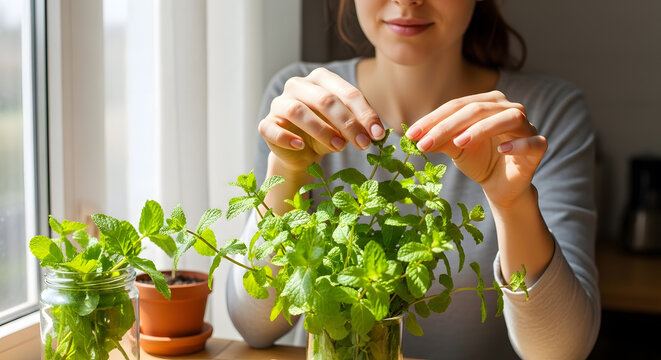 Close up of hands harvesting organic mint leaves from a plant growing by the window