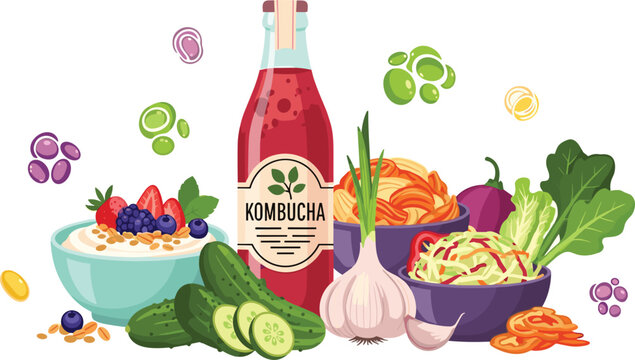 Healthy fermented kombucha drink with fresh vegetables fruits salad bowls garlic cucumber and berries natural probiotic food illustration