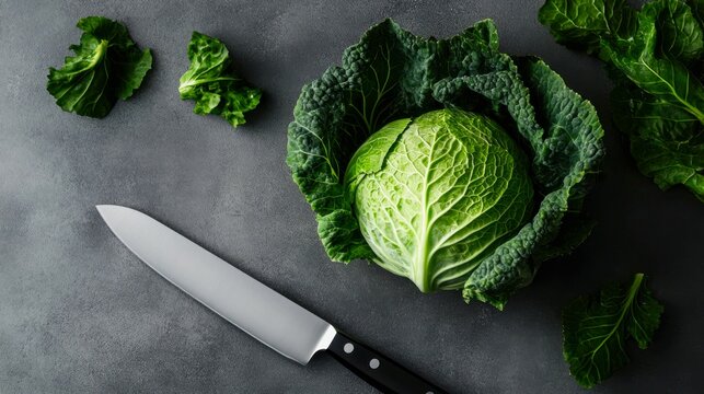 A single, flawless, pointed hispi cabbage with vibrant green leaves rests on a polished concrete surface. A sharp chef's knife lies beside it.