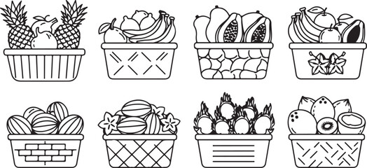 Assorted fruit baskets showcasing a variety of tropical and seasonal fruits Vector © Nur