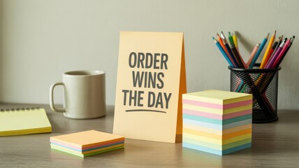 Fototapeta premium Motivational desk setup with ORDER WINS THE DAY card colorful notes and pencils