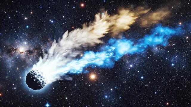 A vibrant comet with a long blue and gold tail swinging through space