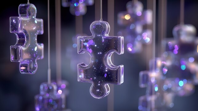 Beautiful holographic puzzle pieces suspended in air, creating a captivating visual. Perfect for creative and educational projects.